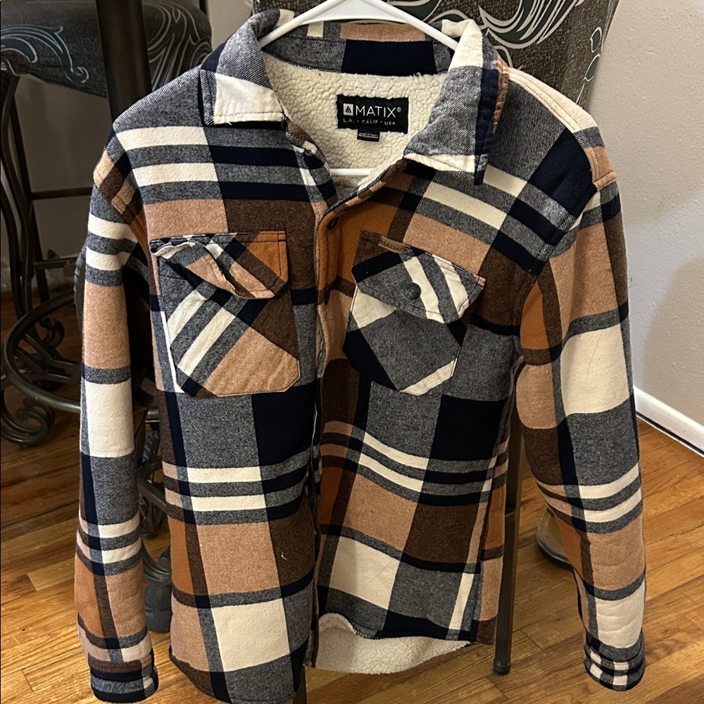 Matix Men's Plaid Fleece-Lined Shirt Jacket - Tan, Black, and White